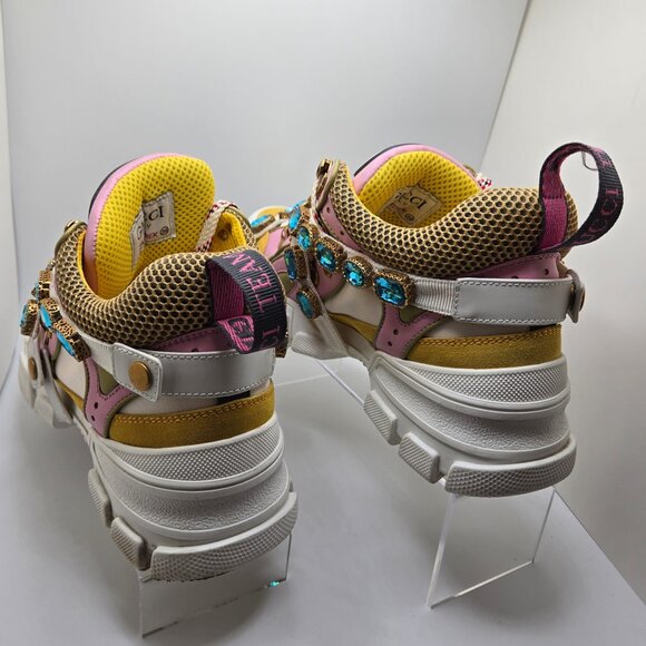 Gucci Journey Flashtrek Crystal Sneakers Jewel Chunky Sole Pink/Yellow/White - Picture 13 of 14